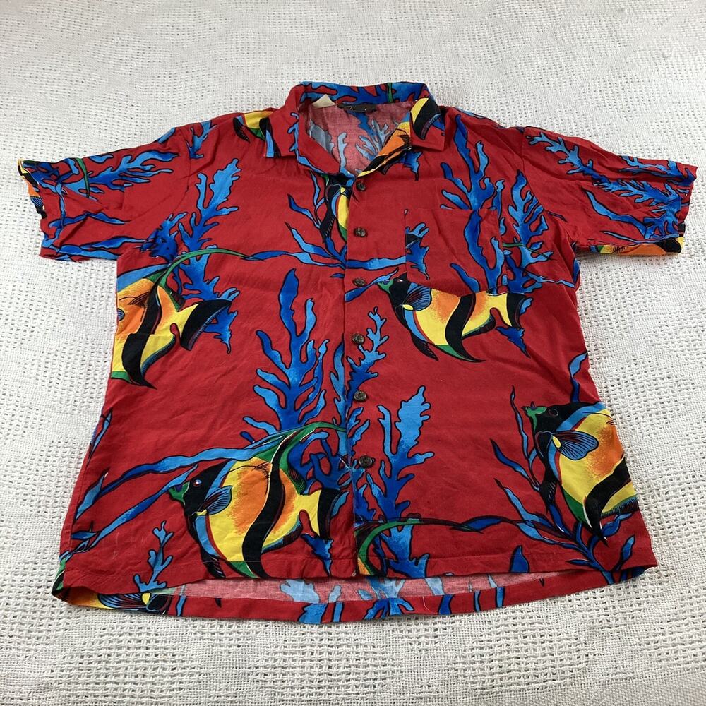 Hawaiian Shirt Tropical Fish Vintage Chemise et Cie Red Coral Reef Large 70s/80s